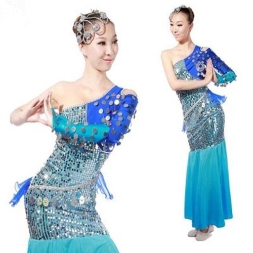 Chinese folk dance dresses Turquoise modern dance jazz dancers stage performance peacock dance mermaid dresses